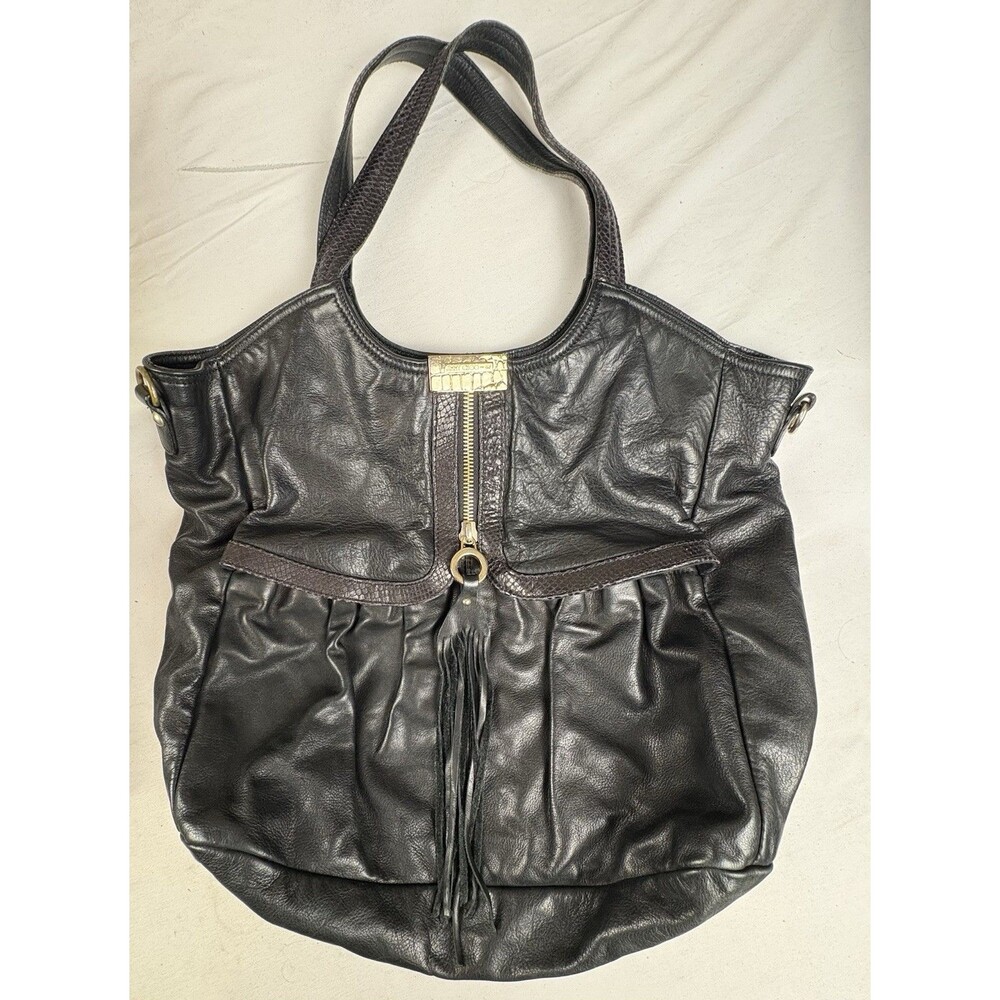 Jimmy Choo For H&M Black Leather Tassel Tote Shoulder Bag Large Gold Hardware